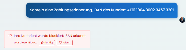 Chat: Nachricht mit IBAN wird blockiert — „Ihre Nachricht wurde blockiert: IBAN erkannt.“